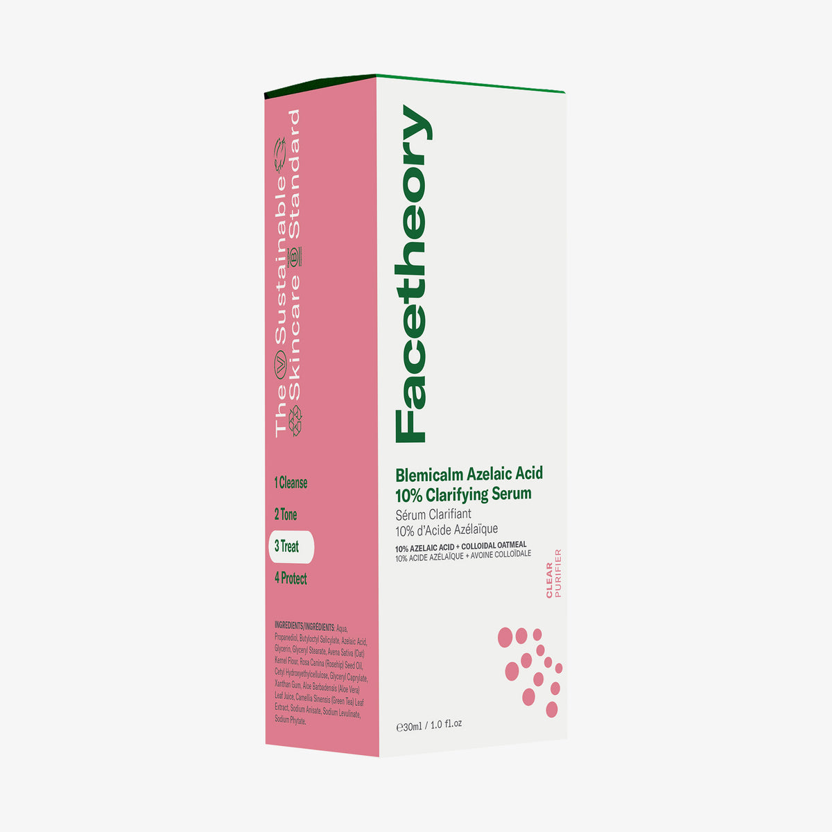 Rosa-weiße Verpackung des Blemicalm Azelaic Acid 10% Clarifying Serum mit grünem Text.