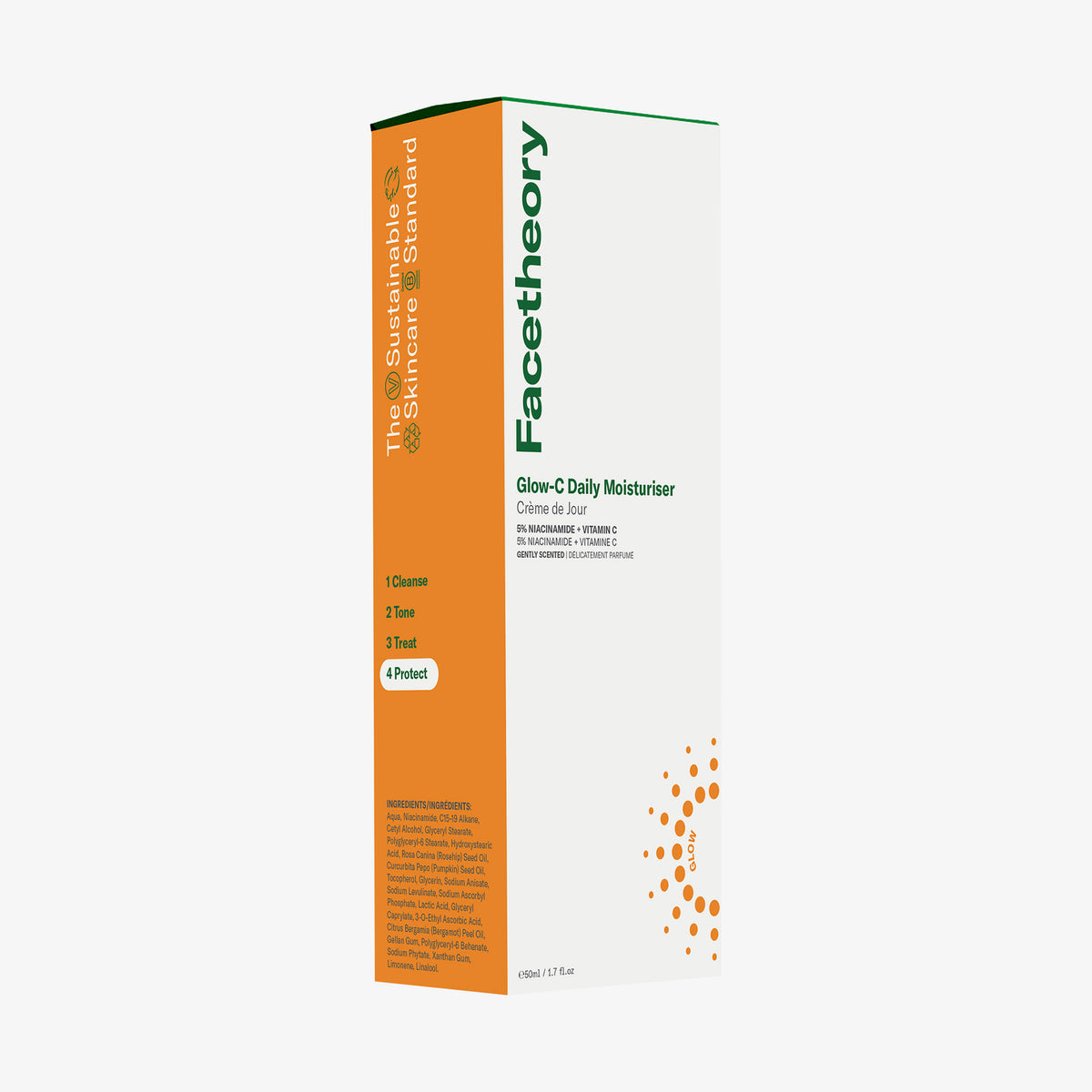Die Glow-C Daily Moisturiser-Box in orange und weiß mit grünem Text und Markenzeichen auf weißem Hintergrund.