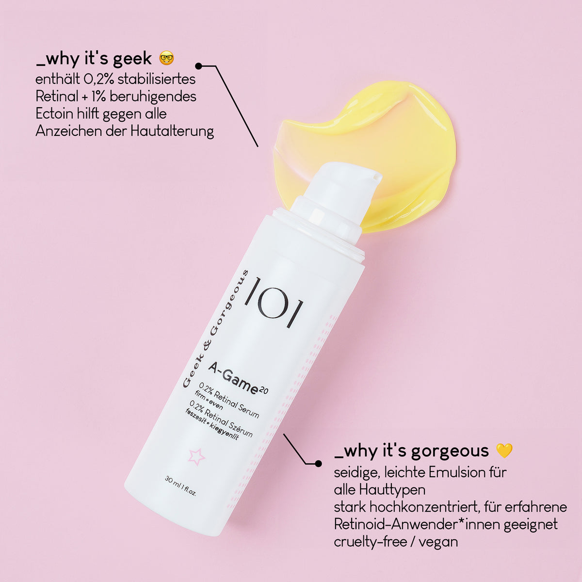 Eine weiße A-Game 20 Flasche liegt auf rosa Hintergrund mit einem Klecks gelber Creme; daneben Produktdetails.
