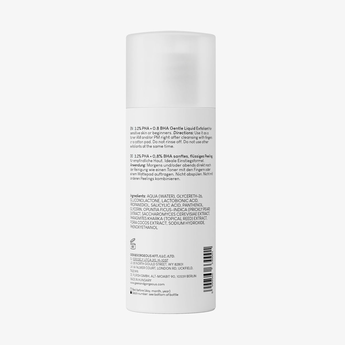 Rückansicht der Flasche Calm Down 100 ml von Geek & Gorgeous vor weißem Hintergrund.