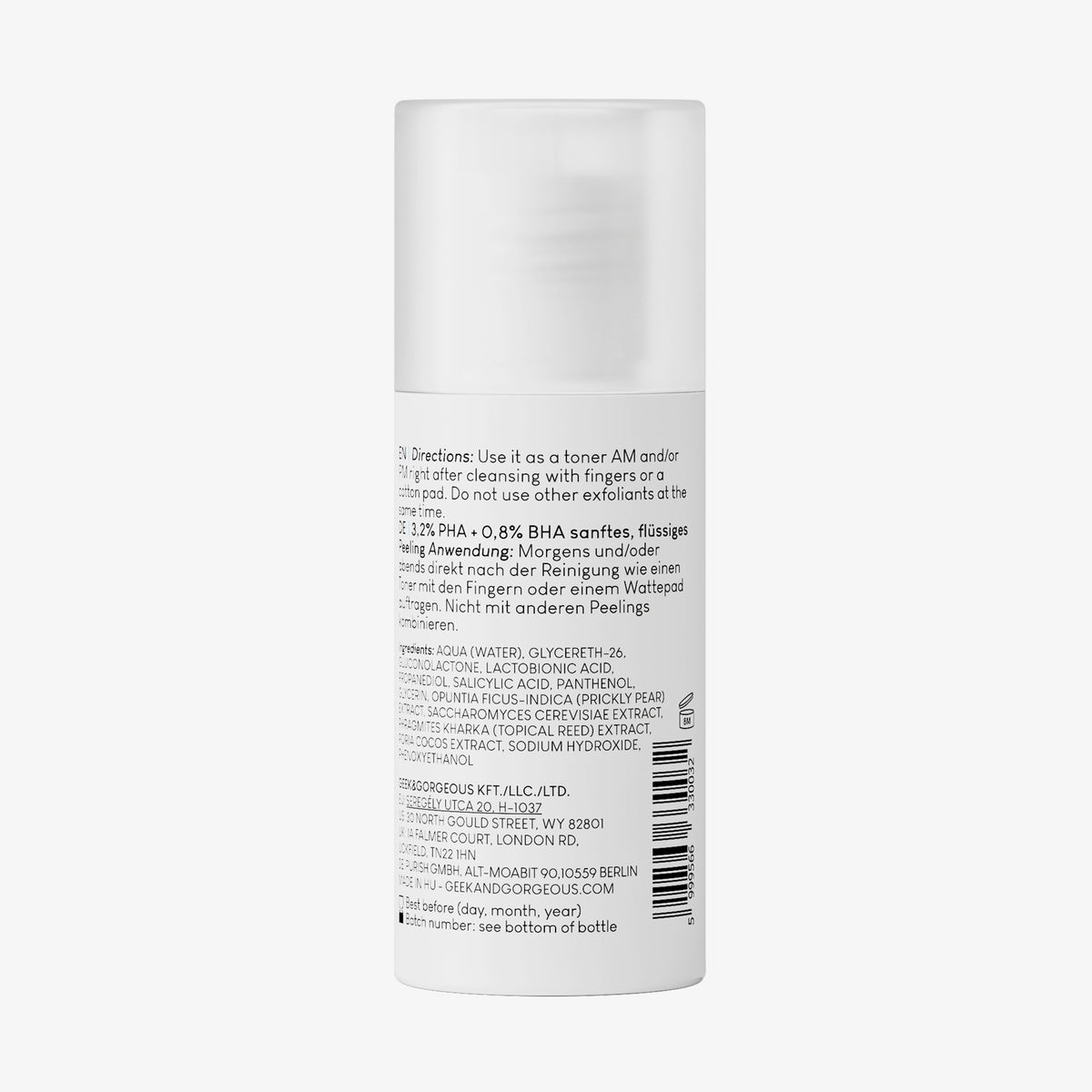 Rückansicht der weißen Flasche Calm Down 30 ml von Geek & Gorgeous vor weißem Hintergrund.