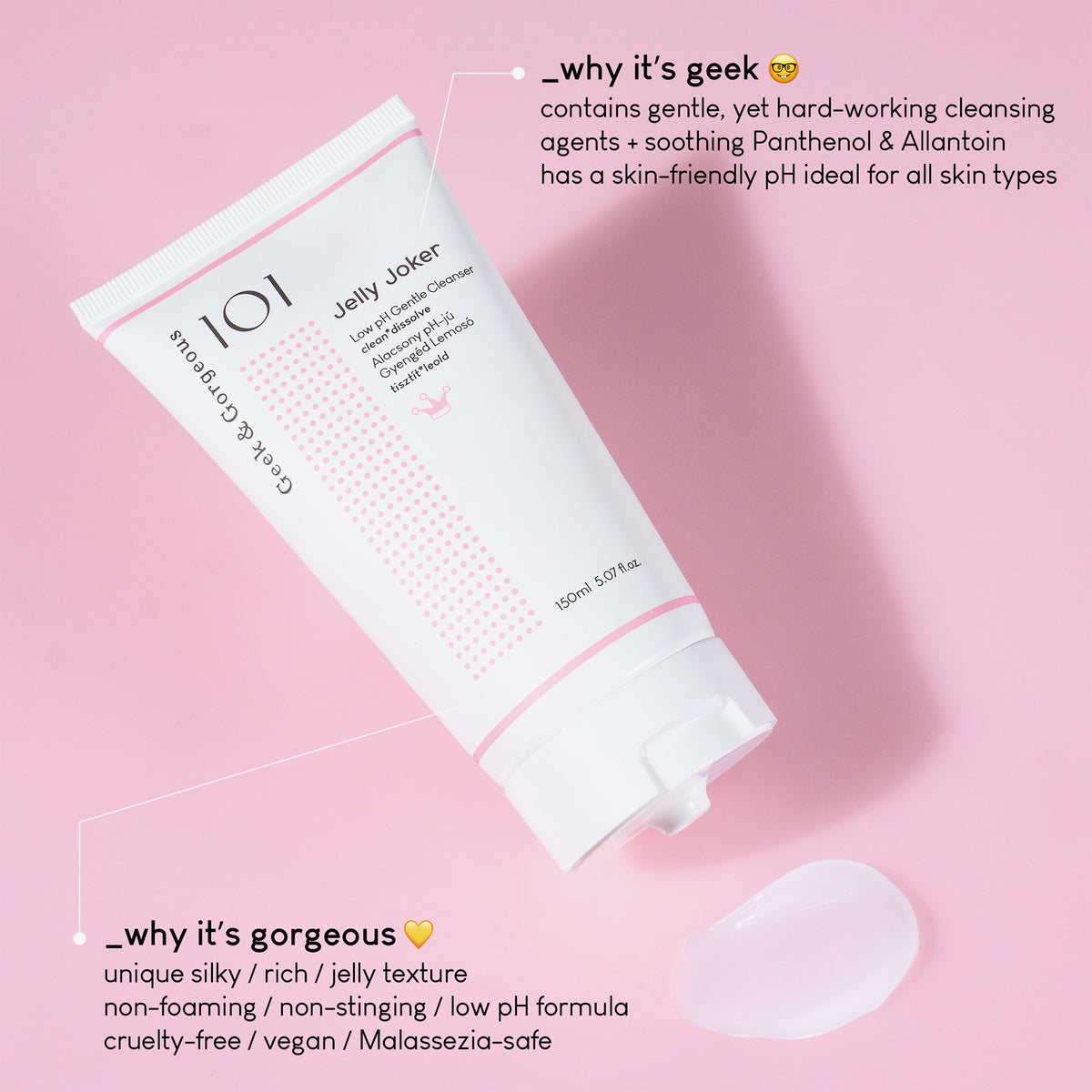 Eine weiße Tube Jelly Joker Cleanser auf rosa Hintergrund; daneben Infos zu Inhaltsstoffen und Produkteigenschaften.