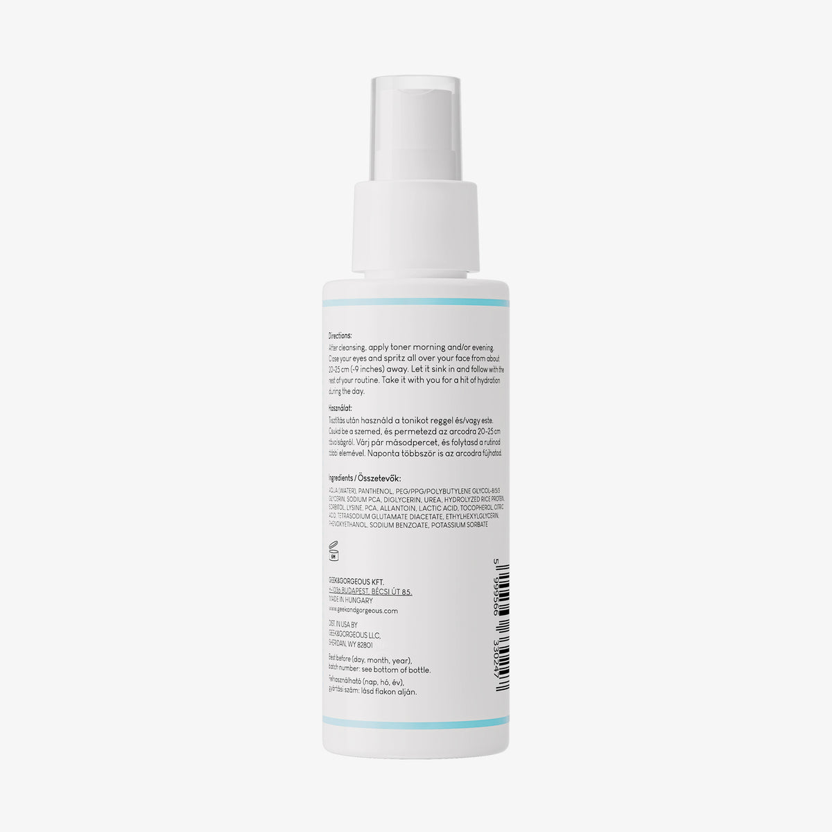 Rückansicht der weißen Flasche Liquid Hydration mit Anweisungen und Inhaltsstoffen auf dem Etikett.