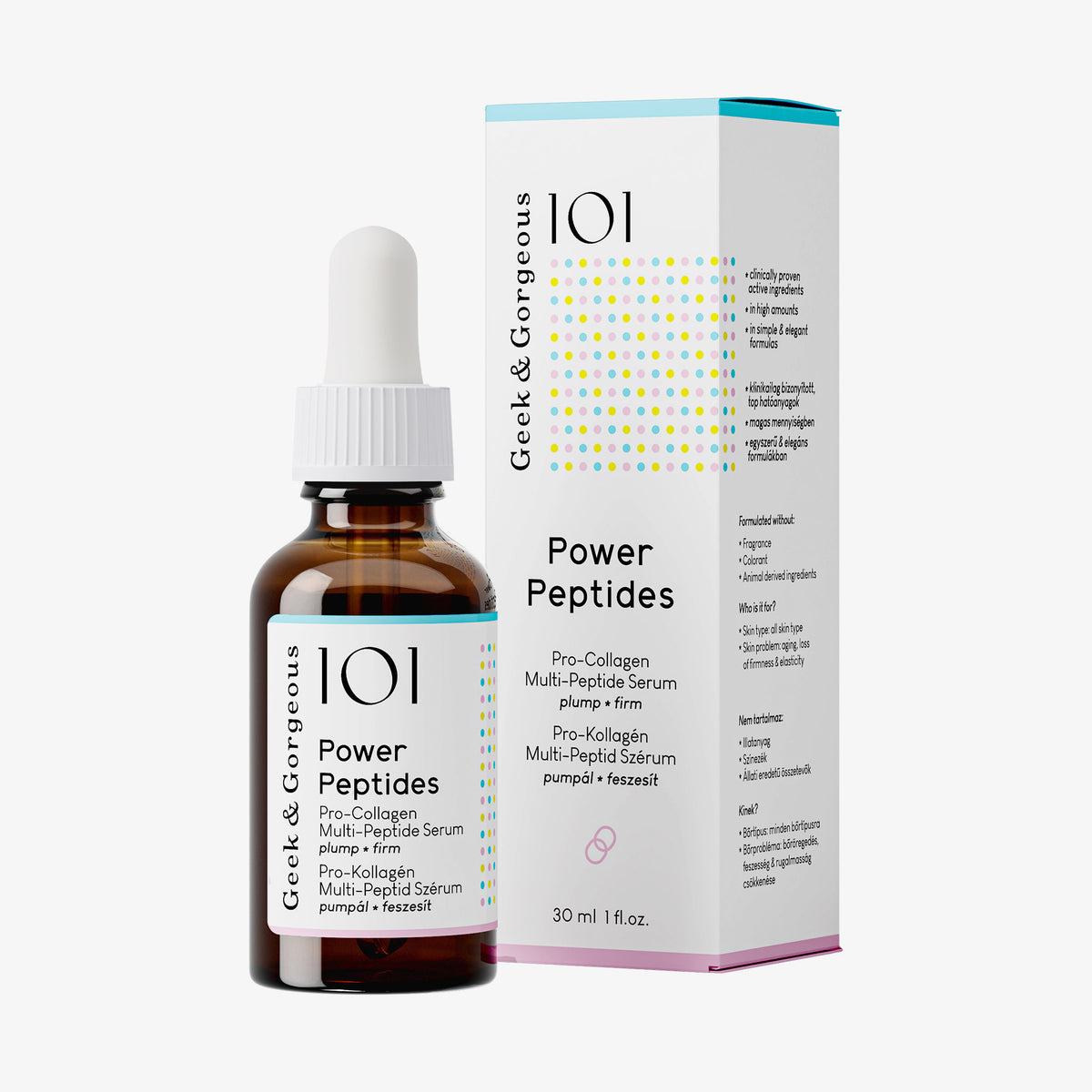 Braune Serumflasche Power Peptides mit weißem Deckel neben weißer Verpackung mit bunten Punkten vor weißem Hintergrund.