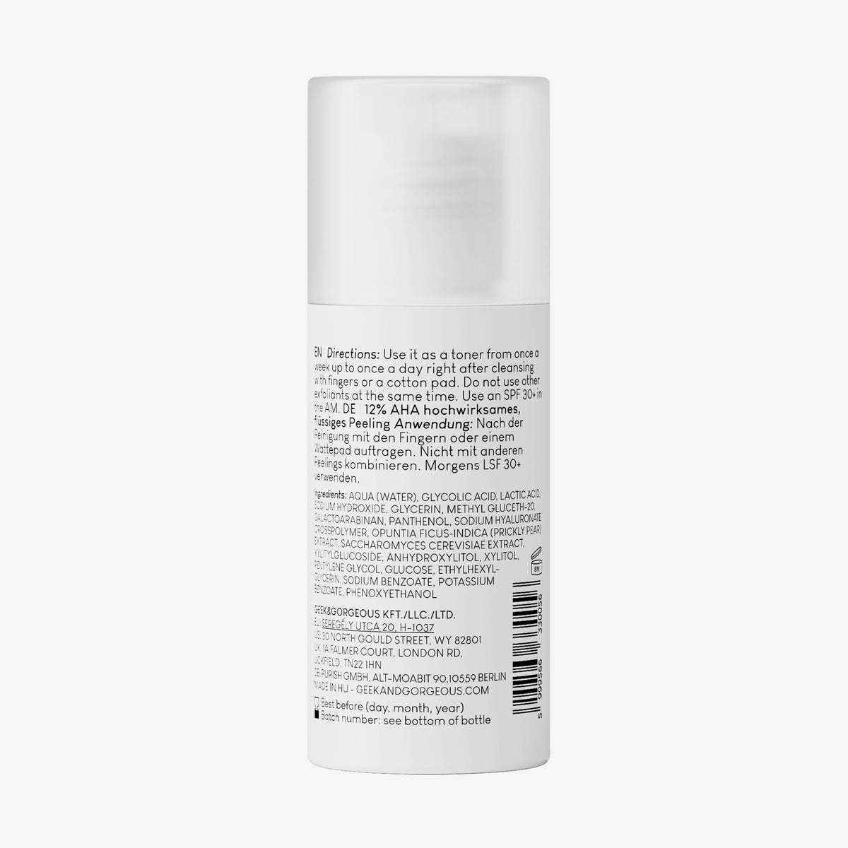Rückansicht der weißen Flasche Smooth Out 30 ml vor weißem Hintergrund.