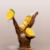 Eine Flasche Hair Syrup Lemon-Aid steht mit Zitronenhälften auf einem Holzast über dem Wasser, umgeben von Zitronentropfen und Blumen.