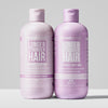 Auf einem schlichten hellen Hintergrund sind zwei violette Flaschen Shampoo und Conditioner aus dem Shampoo & Conditioner for Curly and Wavy Hair dargestellt.