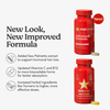 Zwei rote „HAIRtamin Advanced Formula“-Flaschen für einen Monat mit Kapseln, daneben ein Text, der die Verbesserungen der neuen Formel und die hinzugefügten Inhaltsstoffe hervorhebt.
