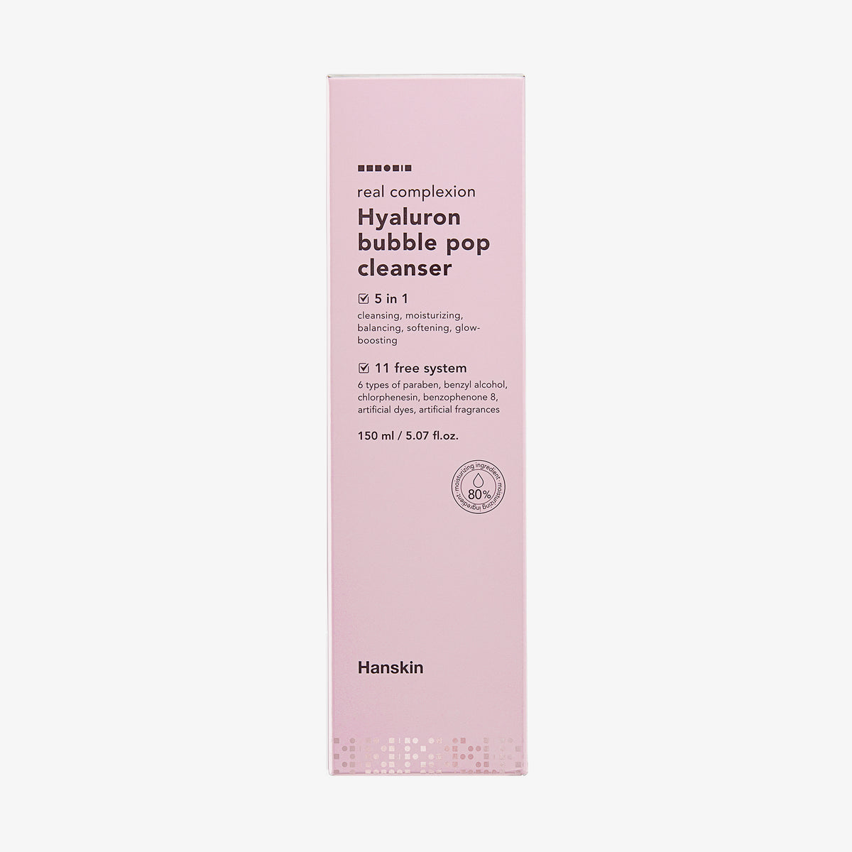 Rosafarbene Schachtel Hanskin Real Complexion Hyaluron Bubble Pop Cleanser auf weißem Hintergrund.