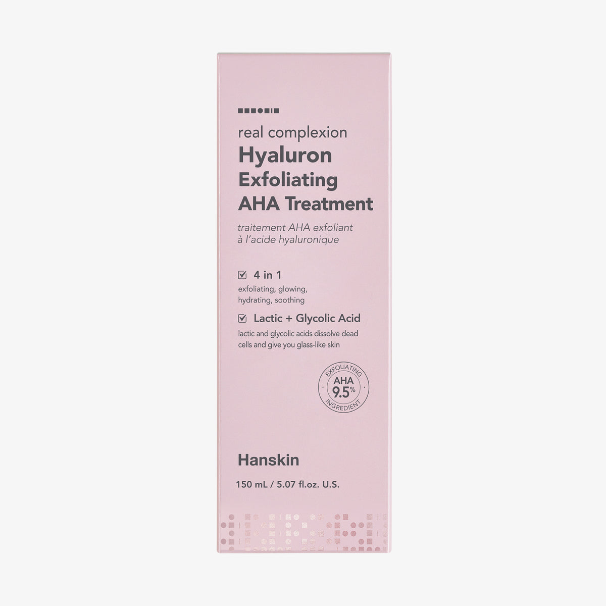 Rosafarbene Schachtel Hanskin Real Complexion Hyaluron Exfoliating AHA Treatment mit Produktdetails.