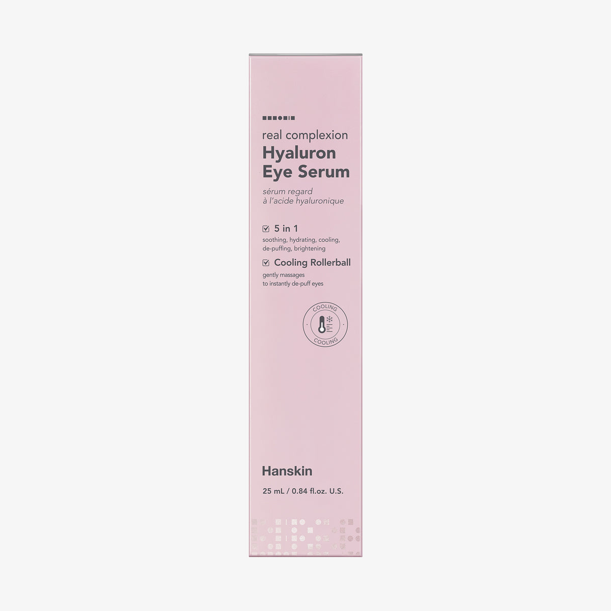 Rosafarbene Schachtel Real Complexion Hyaluron Eye Serum umit grauem Text vor weißem Hintergrund.