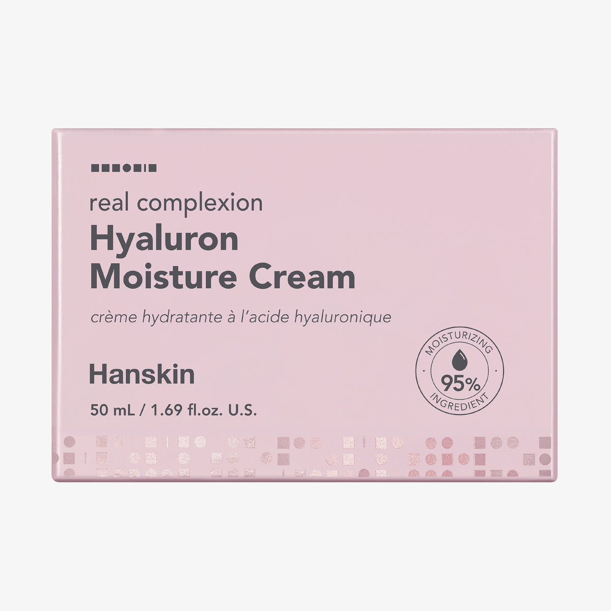 Rosafarbene Schachtel Real Complexion Hyaluron Moisture Cream mit grauem Text auf weißem Hintergrund.