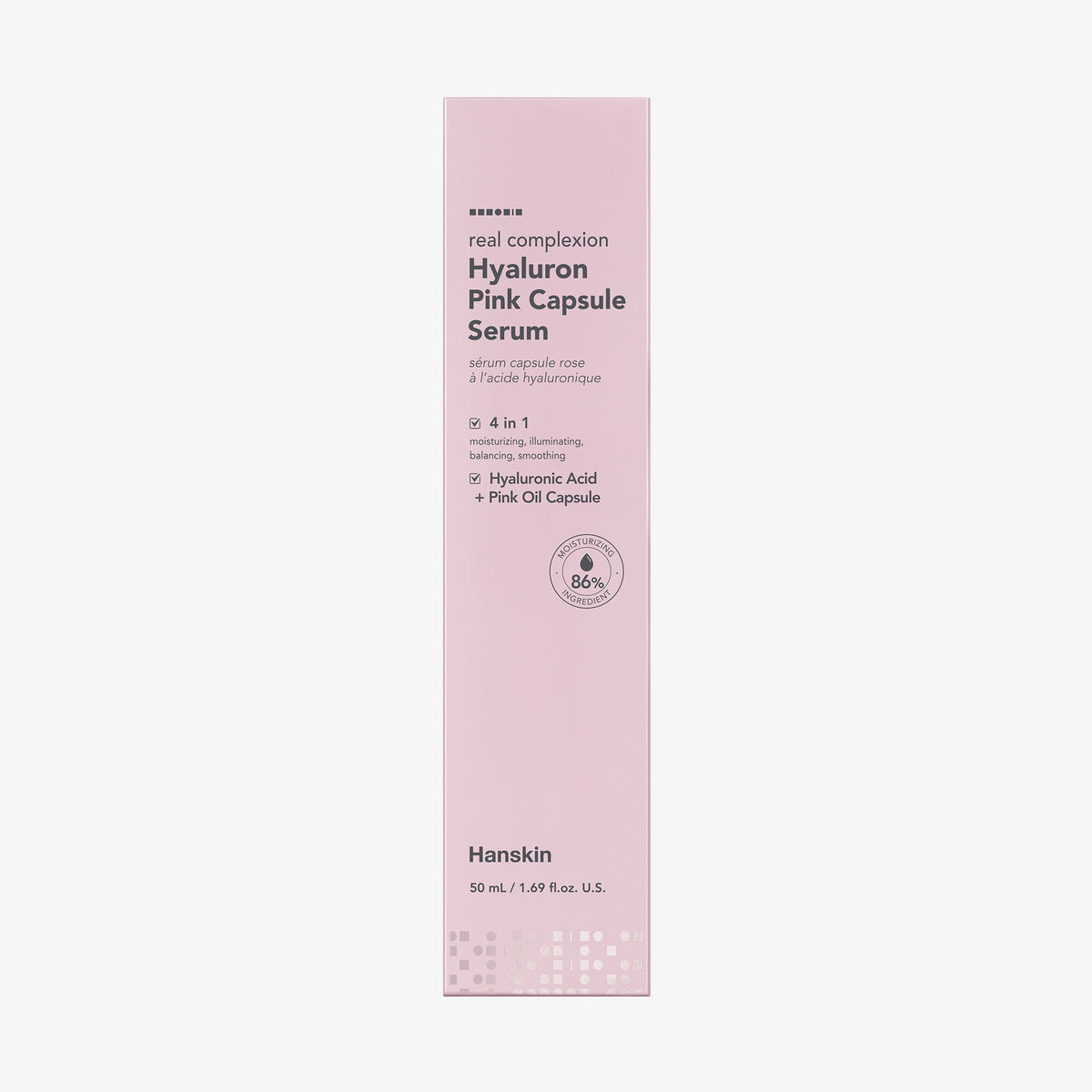 Rosa Schachtel Real Complexion Hyaluron Pink Capsule Serum mit Produktdetails in grauer Schrift.