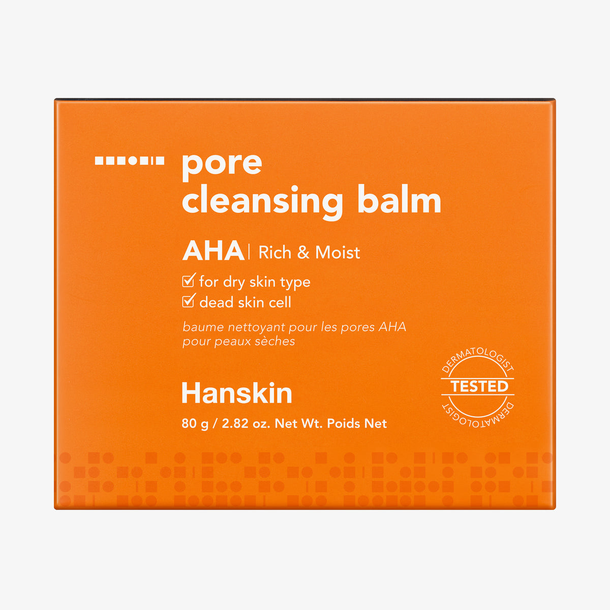 Orangefarbene Box mit der Aufschrift „Pore Cleansing Balm AHA“ und weißem Text.