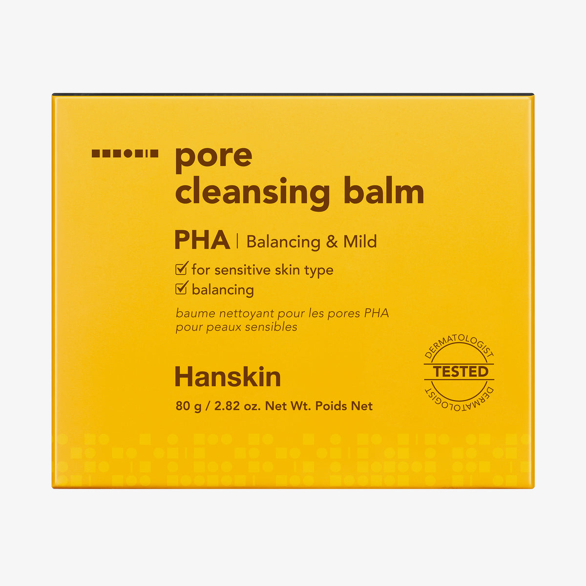 Gelbe Schachtel Hanskin Pore Cleansing Balm PHA mit braunem Text vor weißem Hintergrund.
