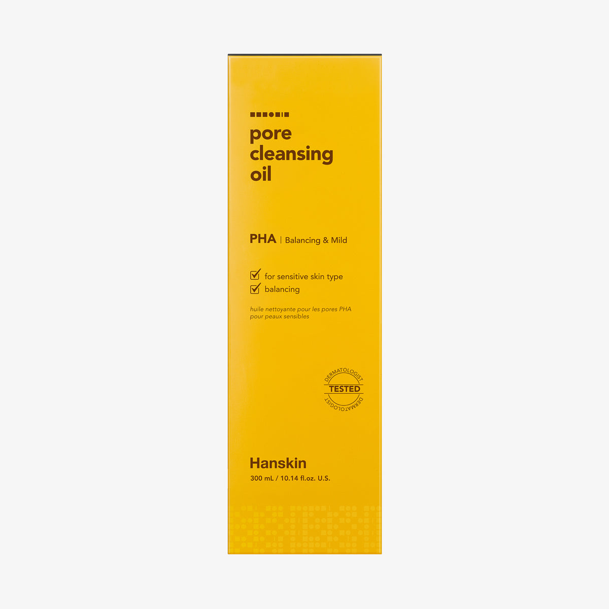 Gelbe Schachtel Hanskin Pore Cleansing Oil PHA mit braunem Text vor weißem Hintergrund.