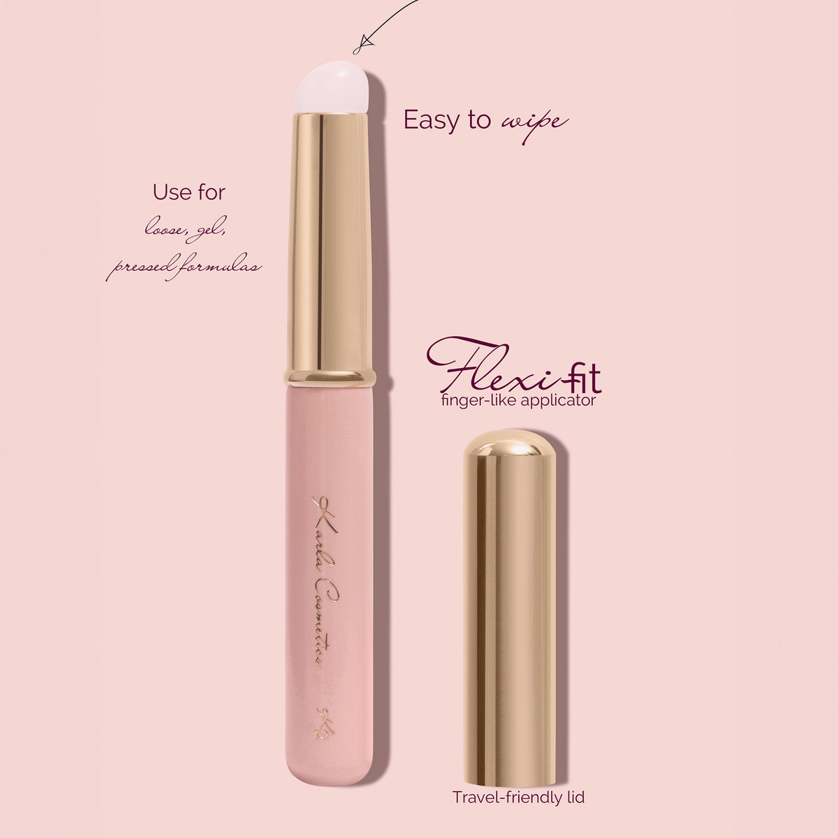 Der K2: Bubble Brush mit einer goldenen Kappe, einem flexiblen Silikonapplikator  auf rosa Hintergrund.