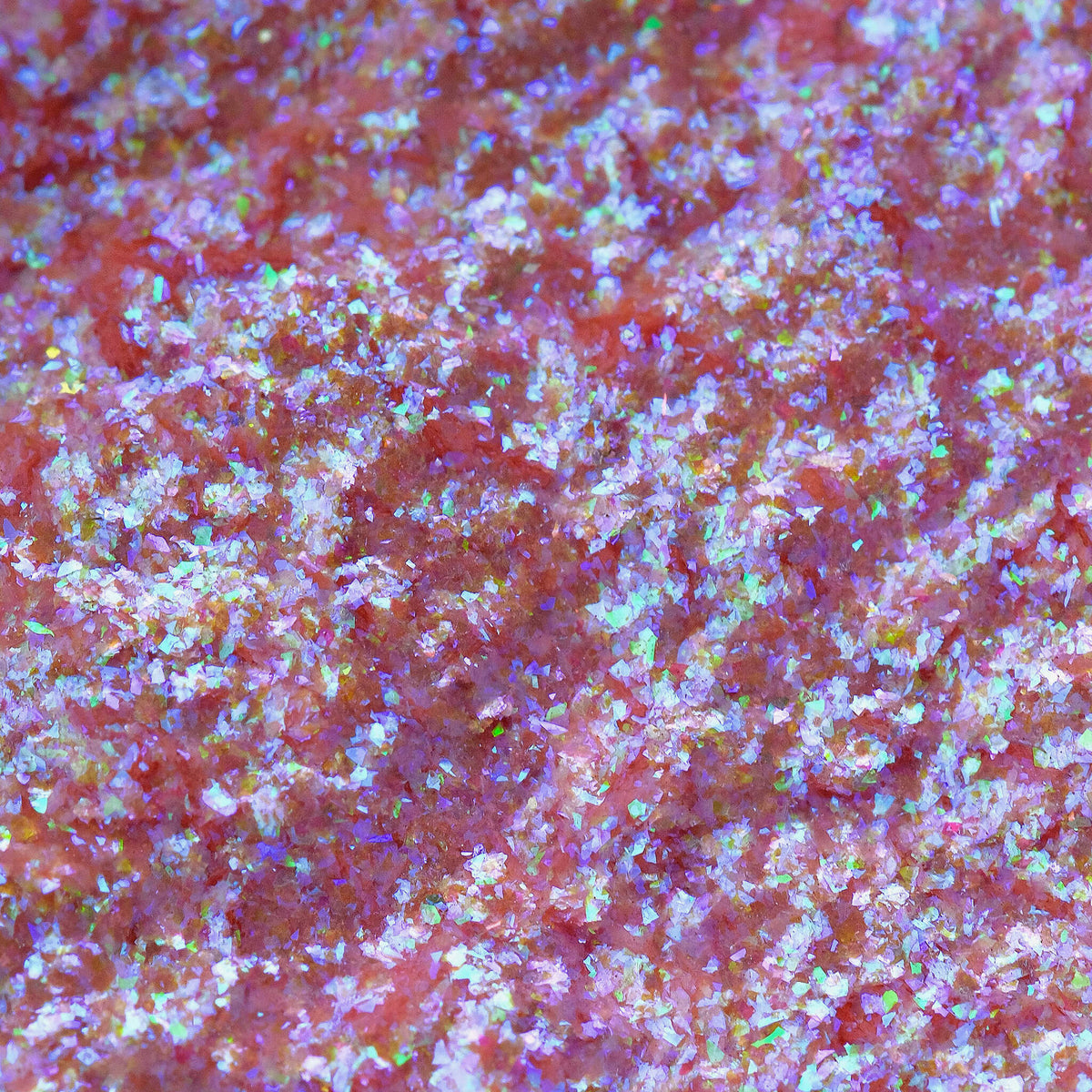 Nahaufnahme der Textur des des Opal Moonstone Loose Multichrome Eyeshadow Moody Cow; ein rosa-blau schimmerndes Pigment.