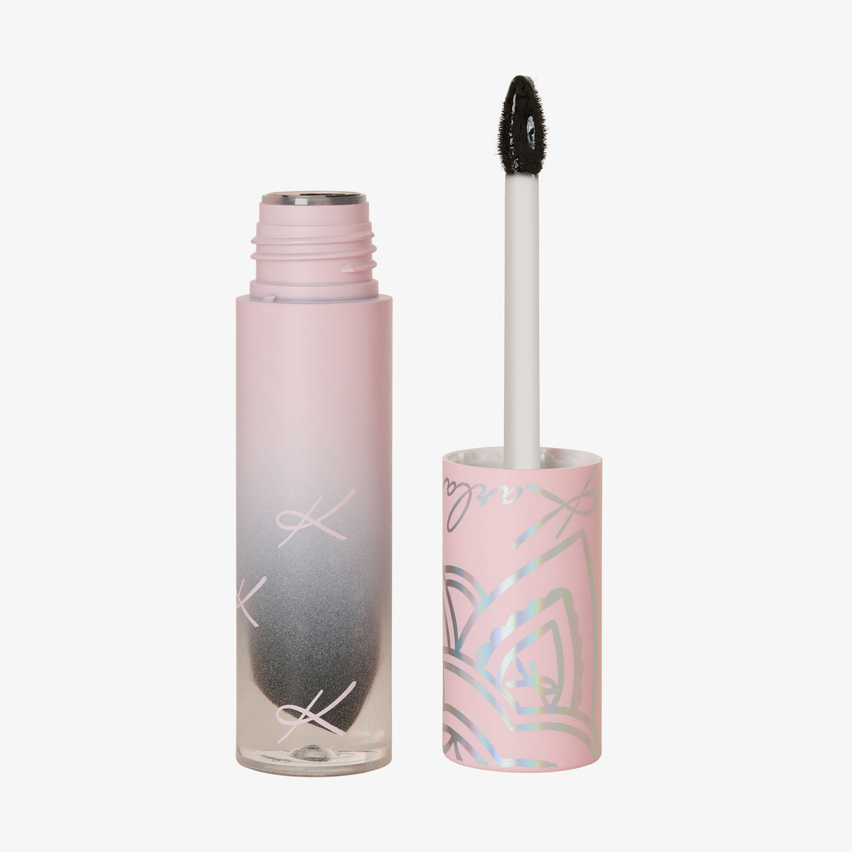 Eine geöffnete Tube Shadow Potion Paint Black Base Eclipse mit einem Deckel mit Blumenmuster und Applikatorstab.