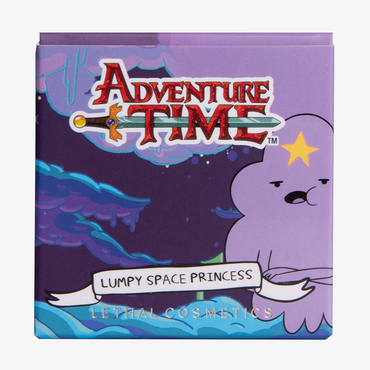 Lila Verpackung des Lethal Cosmetics Adventure Time Blush Lumpy Space Princess mit Abbildung des Charakters.