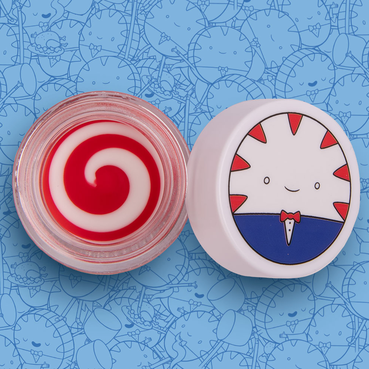 Offener Tiegel der Adventure Time Peppermint Butler Lip Mask von Lethal Cosmetics mit Abbildung des Peppermint Butler auf dem weißen Deckel.