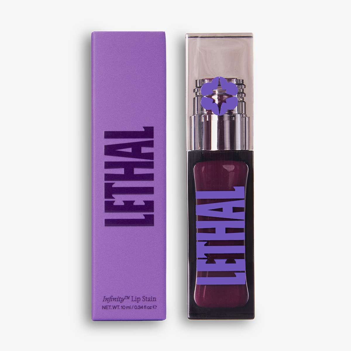 Eine lilafarbene Schachtel und Tube von Lethal Cosmetics Infinity Lip Stains mit fetten Buchstaben auf der Verpackung.