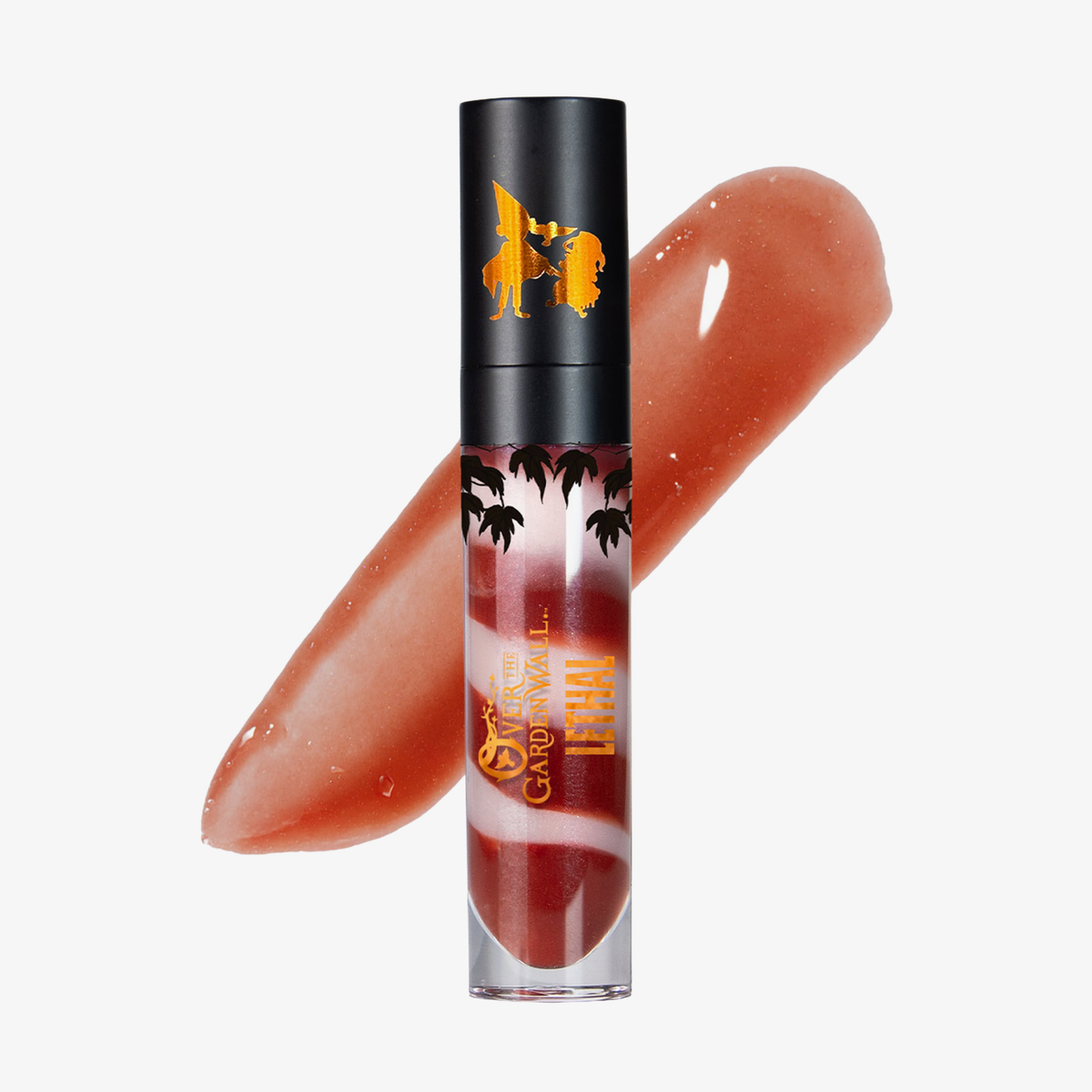 Lethal Cosmetics „Over The Garden Wall“ – Lipgloss „Potatoes & Molasses Swirled“: durchsichtige Tube, schimmerndes Rot, schwarze Kappe, tropisches Design.