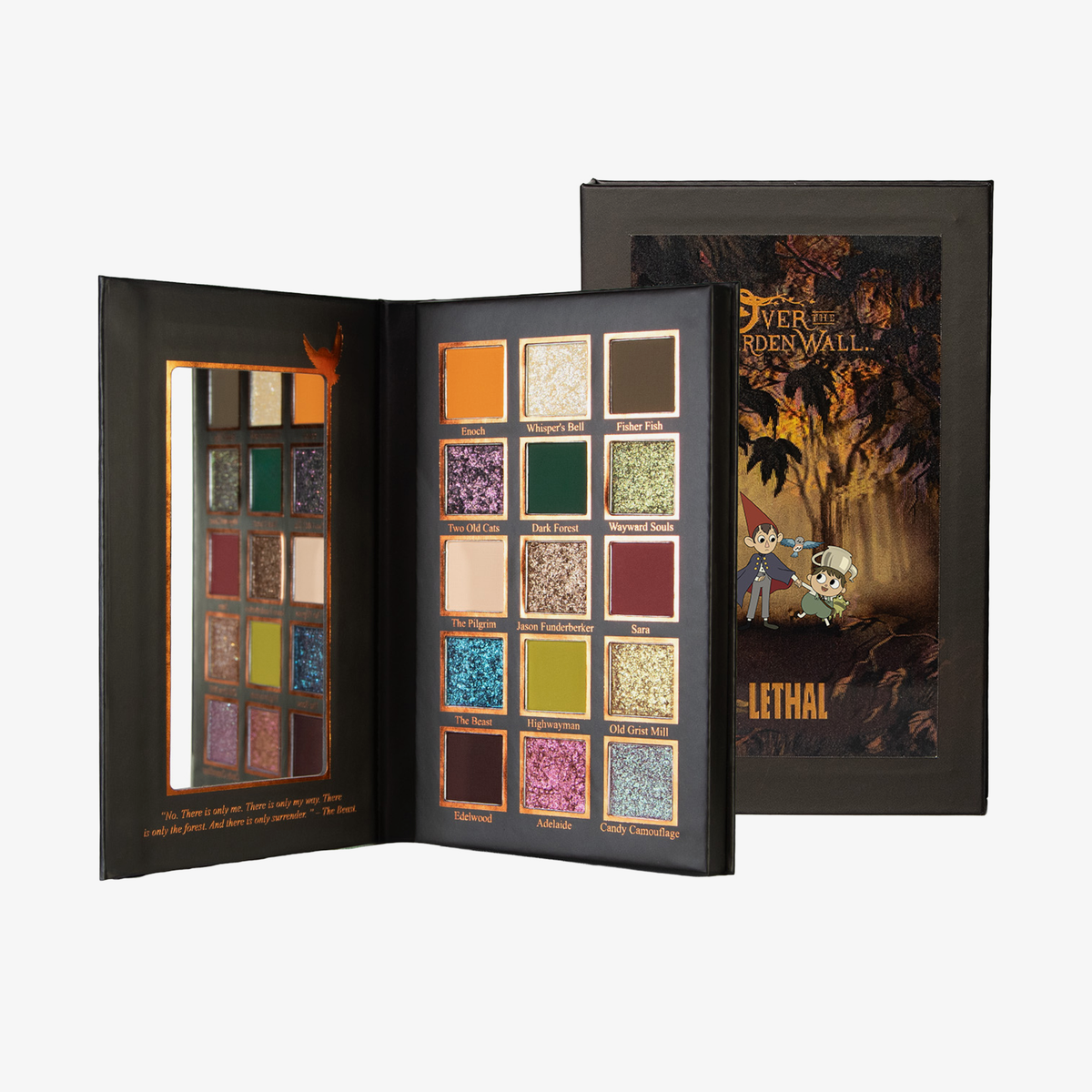 Die „Over The Garden Wall – Tome of the Unknown“-Palette von Lethal Cosmetics enthält 18 Farbtöne und wird in einer Schachtel mit themenbezogenen Figuren und Waldmotiven geliefert.