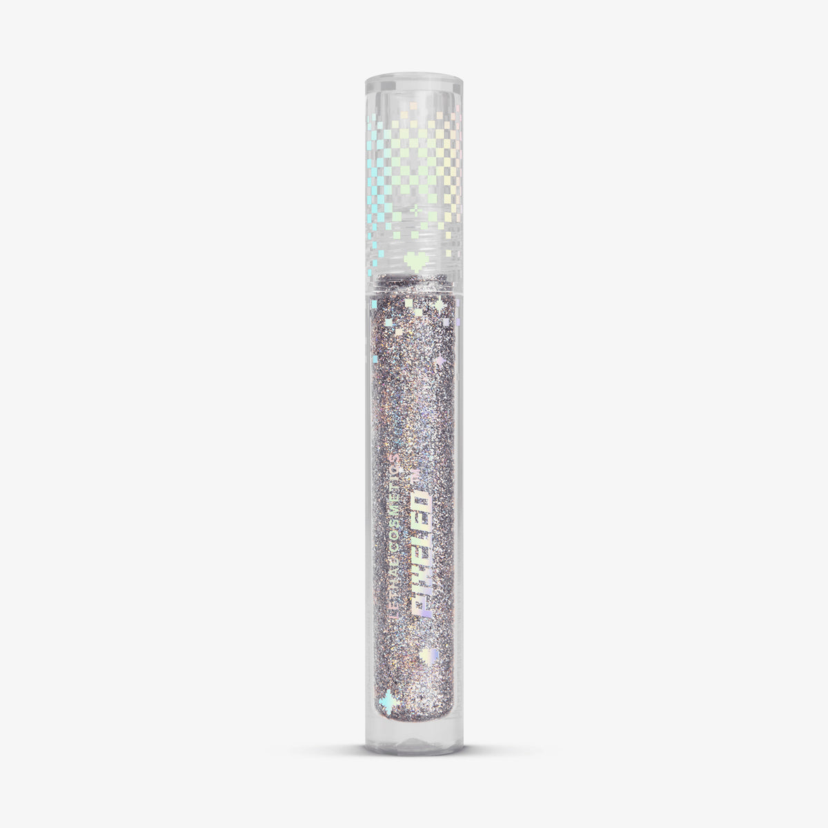 Transparente Tube PIXELED™ Lip Gloss Frame von Lethal Cosmetics mit silber glitzerndem Inhalt vor weißem Hintergrund.