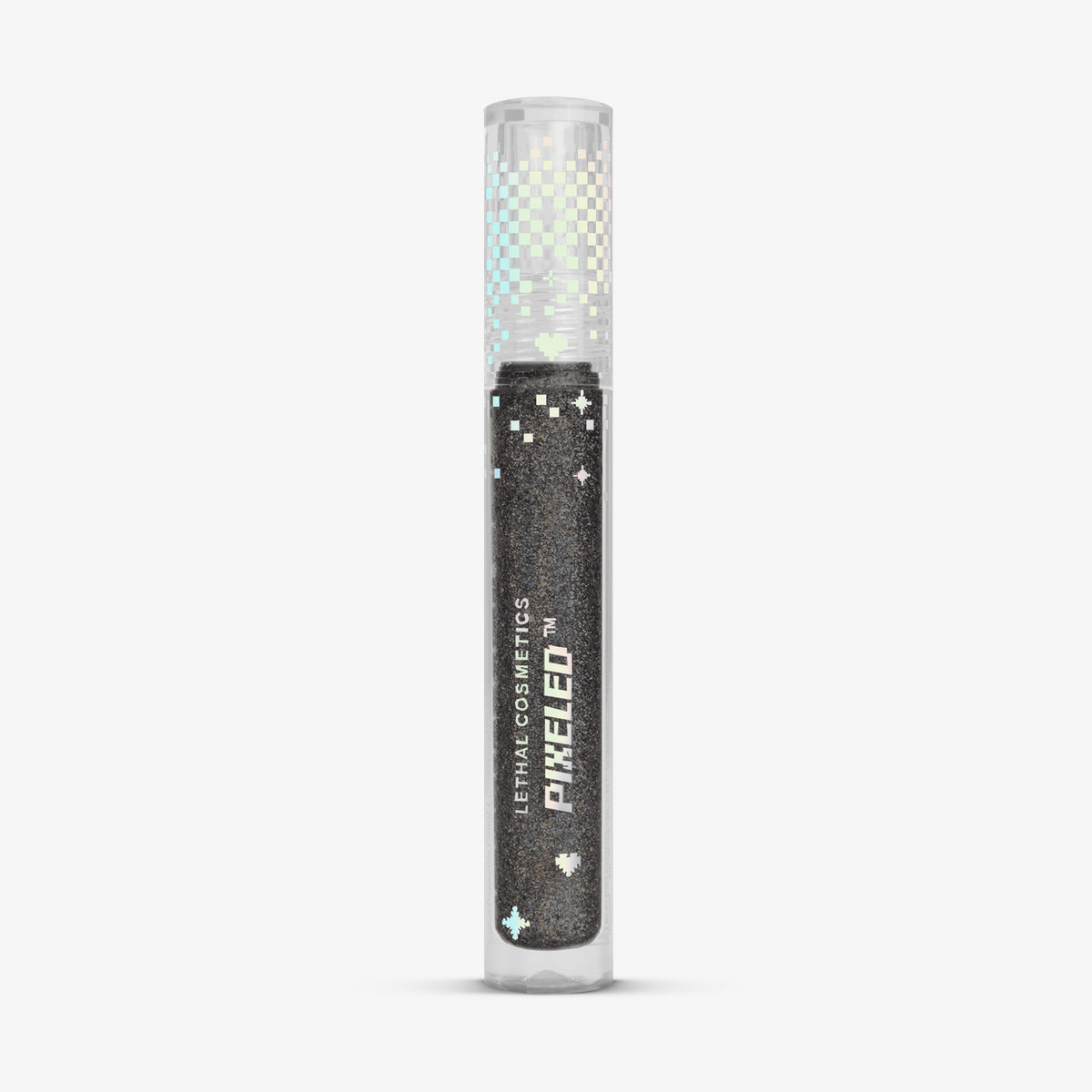 Transparente Tube PIXELED™ Lip Gloss Matrix von Lethal Cosmetics mit schwarz glitzerndem Inhalt vor weißem Hintergrund.