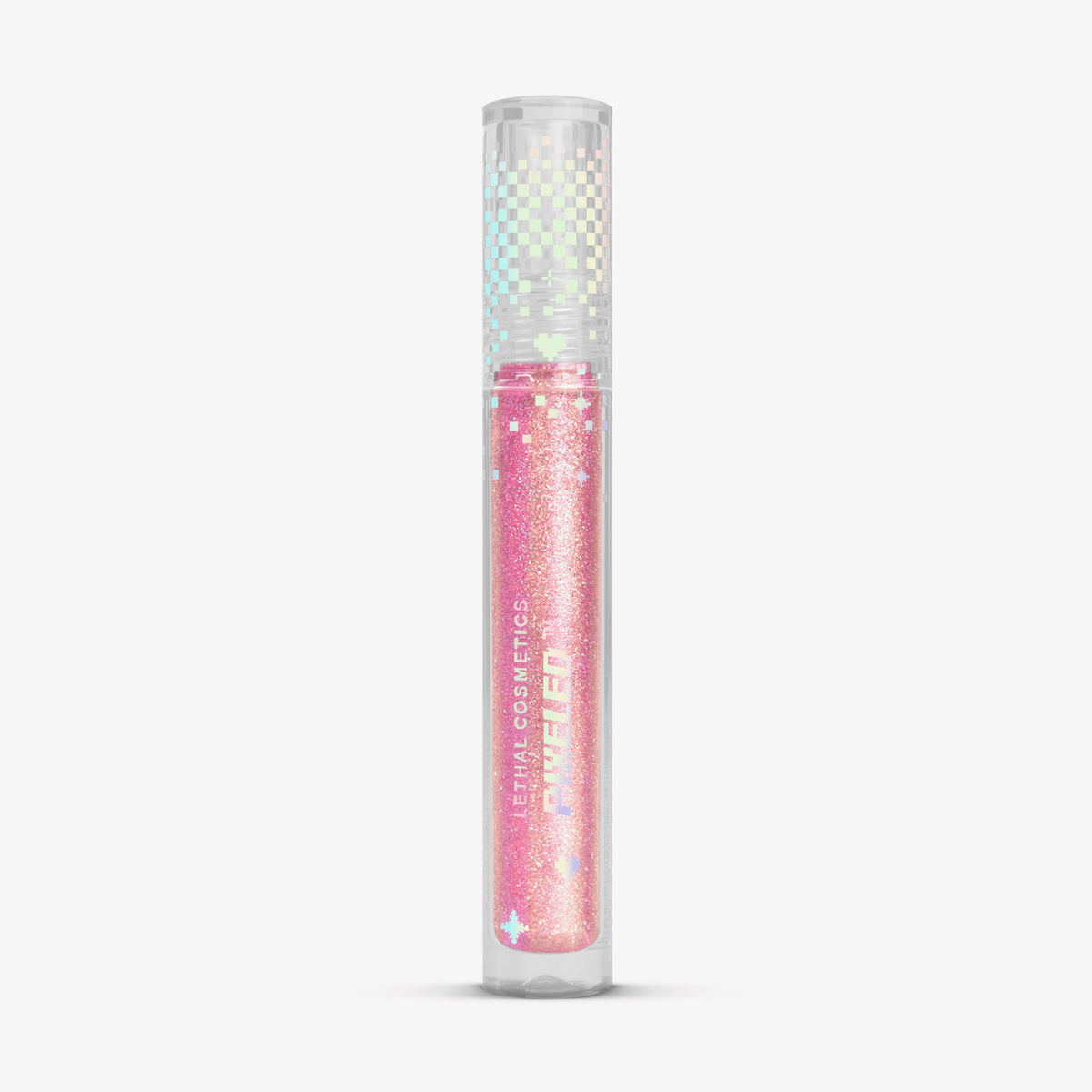 Transparente Tube PIXELED™ Lip Gloss Patch von Lethal Cosmetics mit pink glitzerndem Inhalt vor weißem Hintergrund.