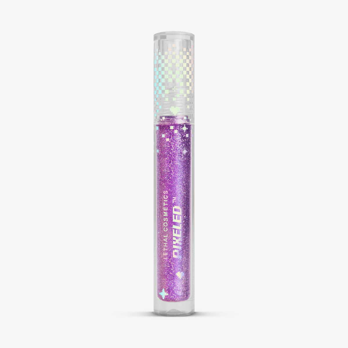 Transparente Tube PIXELED™ Lip Gloss Sprite von Lethal Cosmetics mit lila glitzerndem Inhalt vor weißem Hintergrund.