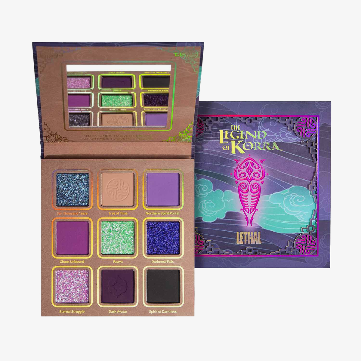 Eine geöffnete „Lethal Cosmetics The Legend of Korra – Vaatu“-Palette mit neun farbenfrohen Farbtönen neben ihrer violetten und türkisfarbenen Verpackung.