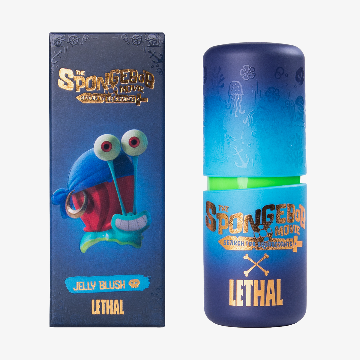 Blaue Verpackung für den The SpongeBob Movie Jelly Blush Stick "Gary" von Lethal Cosmetics mit der Schnecke Gary und dem Text "Jelly Blush Lethal".