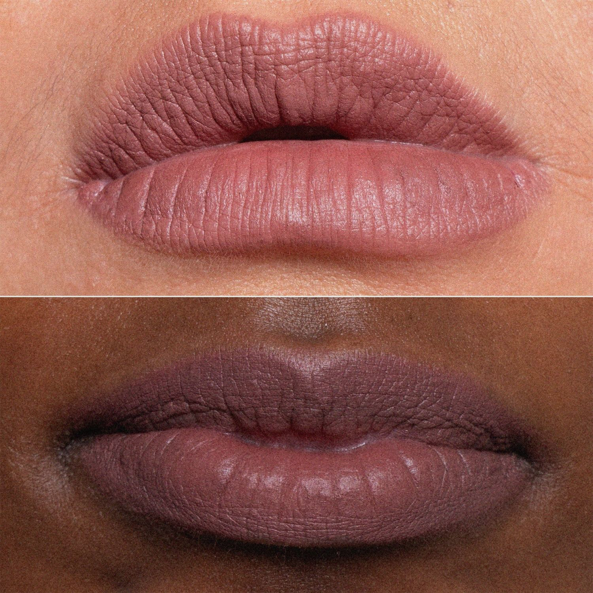 Nahaufnahme von zwei Lippenpaaren, die jeweils den Lippenstift Biggie von LH Cosmetics in Mauve tragen, auf verschiedenen Hauttönen.
