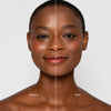 Das Gesicht einer Frau ist in zwei Hälften geteilt – eine Seite zeigt Haut ohne LH Cosmetics Blotting Powder (glänzend), die andere Seite mit (mattiert).