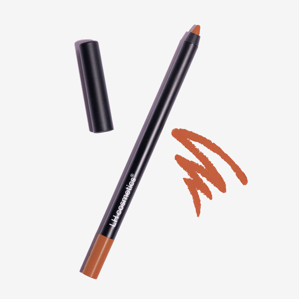 Offener Crayon Make-up-Stift in der Farbe Bite von LH Cosmetic neben einer orangebraunen Kritzelei auf weißem Hintergrund.
