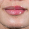 Nahaufnahme von Lippen einer Person mit hellem Teint; links vor Anwendung des LH Cosmetics Gloil Plus und rechts danach mit hydrierten glänzenden Lippen.