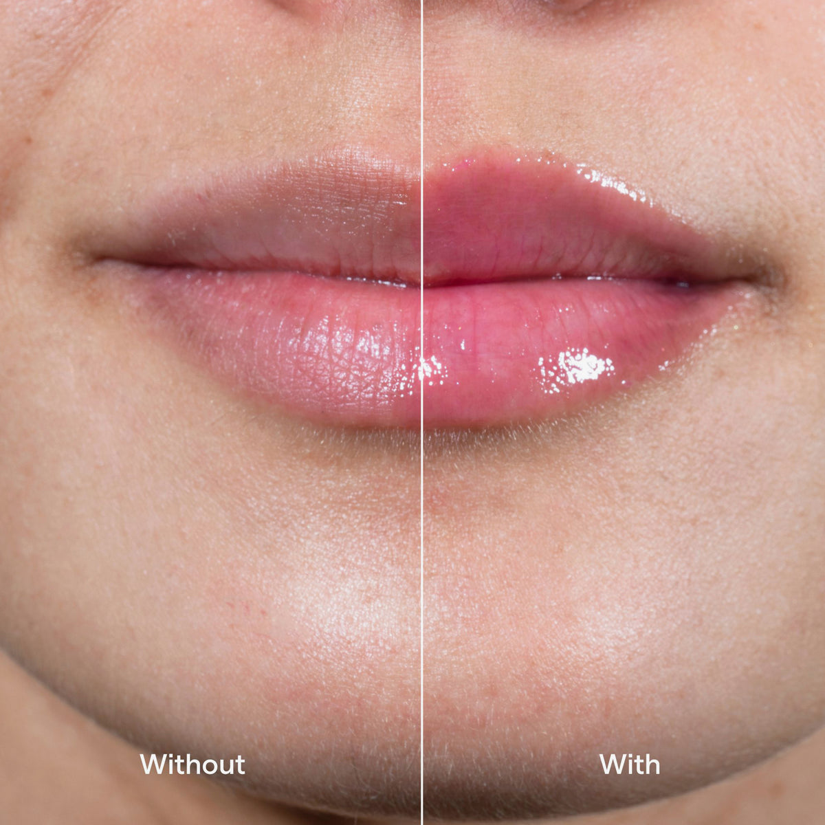 Nahaufnahme von Lippen einer Person mit hellem Teint; links vor Anwendung des LH Cosmetics Gloil Plus und rechts danach mit hydrierten glänzenden Lippen.