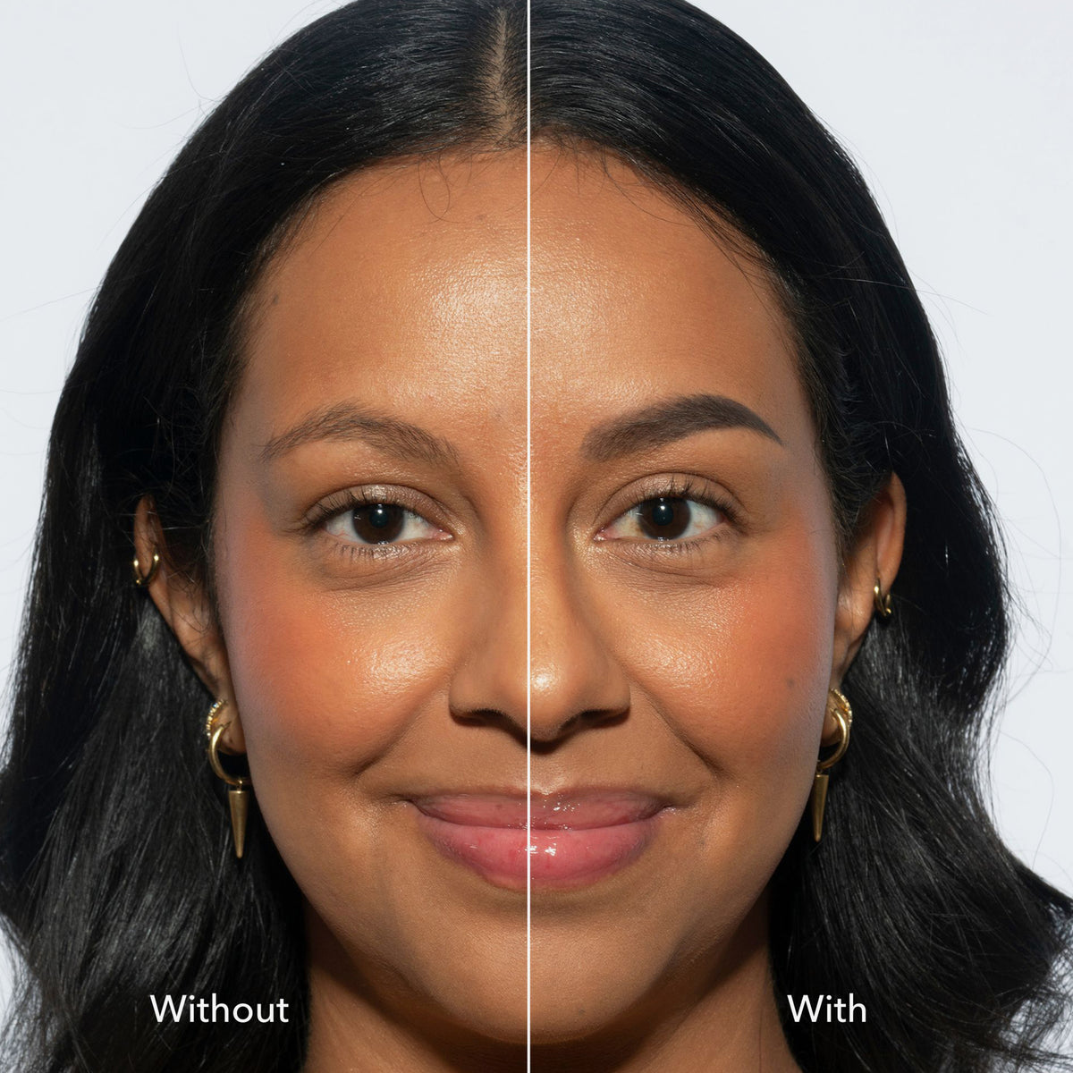 Geteiltes Bild einer Frau: links ohne, rechts mit Make-up und definierten Augenbrauen, kreiert mit dem Infinity Brow Pen Almost Black.