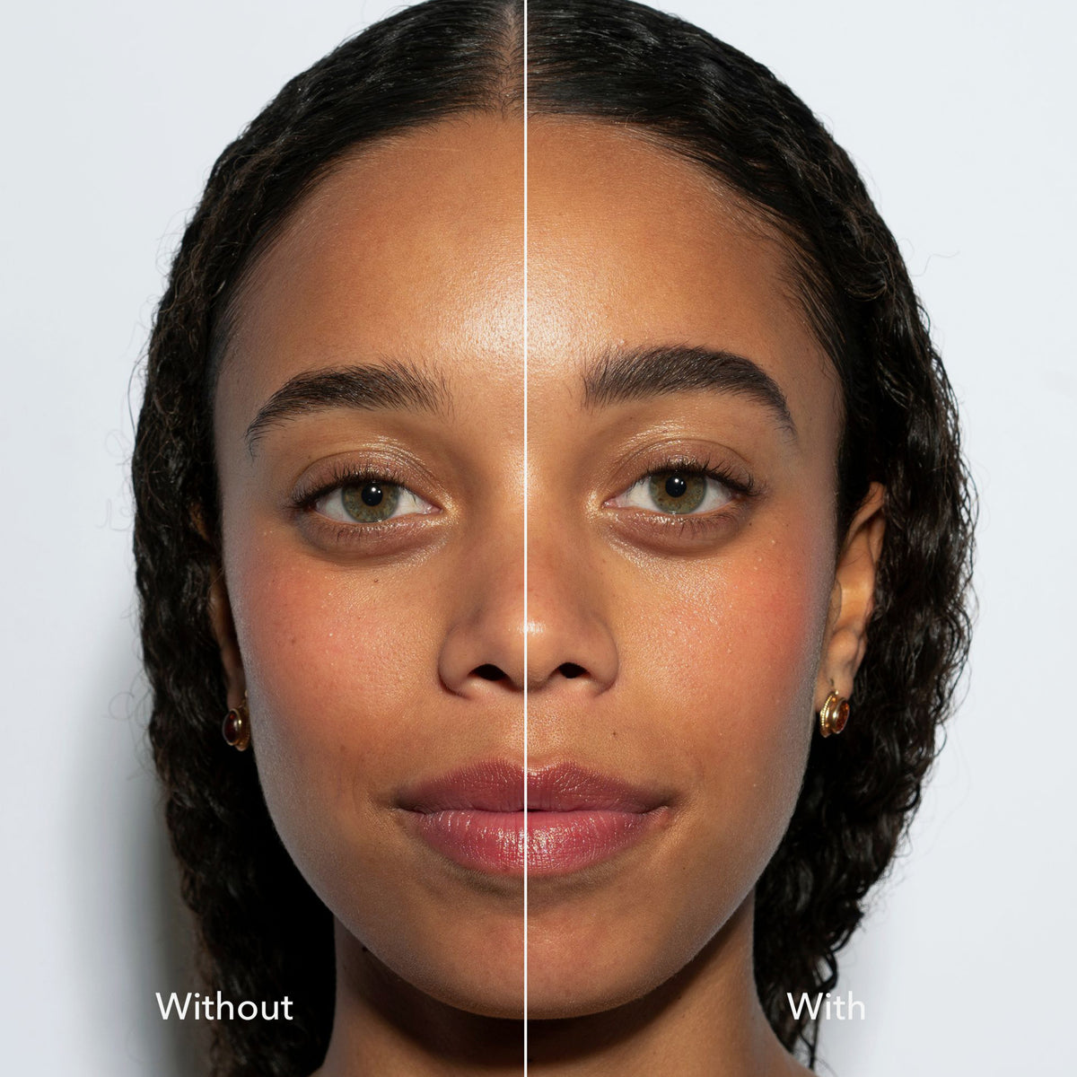 Geteiltes Bild einer Frau: links ohne, rechts mit Make-up und definierten Augenbrauen, kreiert mit dem Infinity Brow Pen Dark Brown.