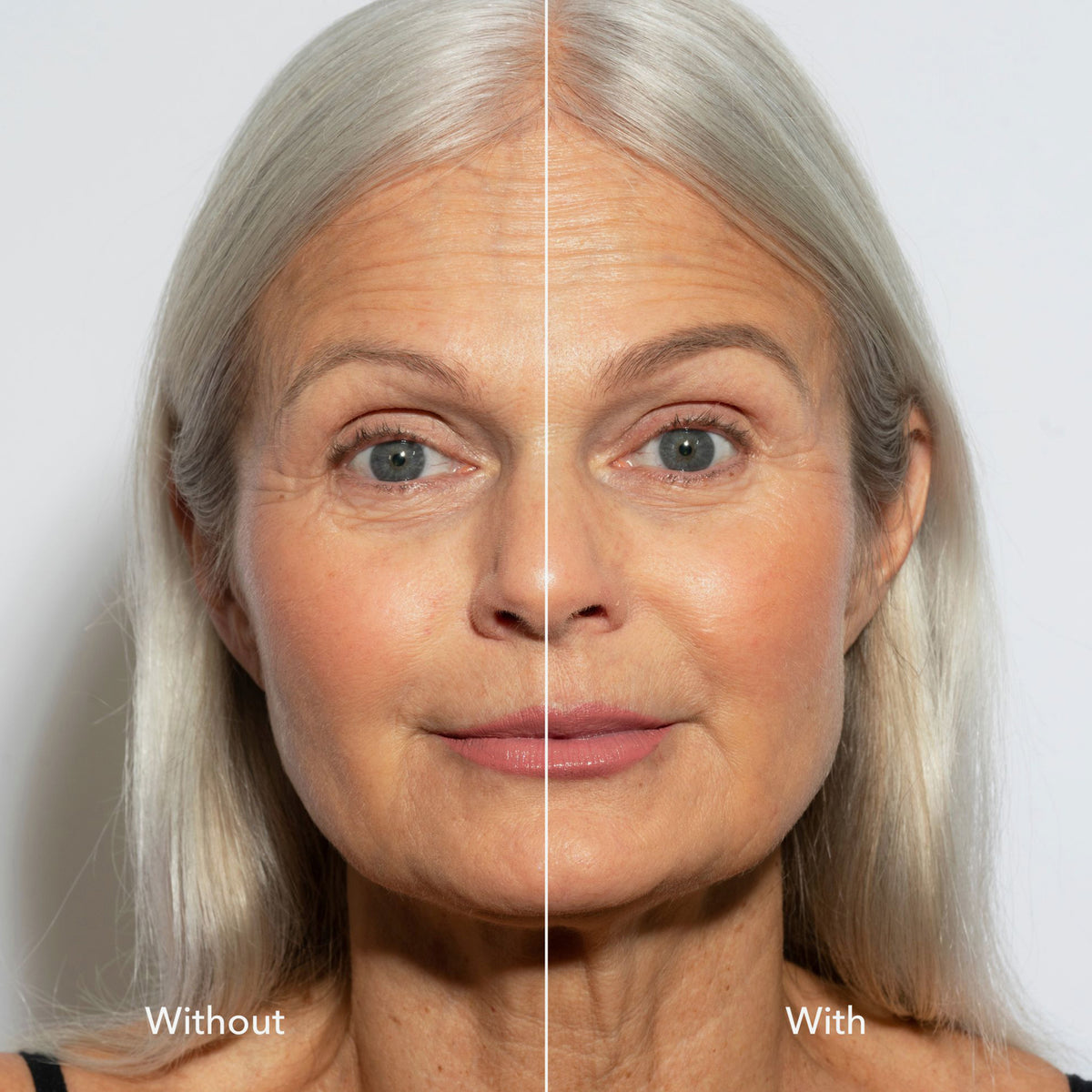 Geteiltes Bild einer Frau: links ohne, rechts mit Make-up und definierten Augenbrauen, kreiert mit dem Infinity Brow Pen Greige.