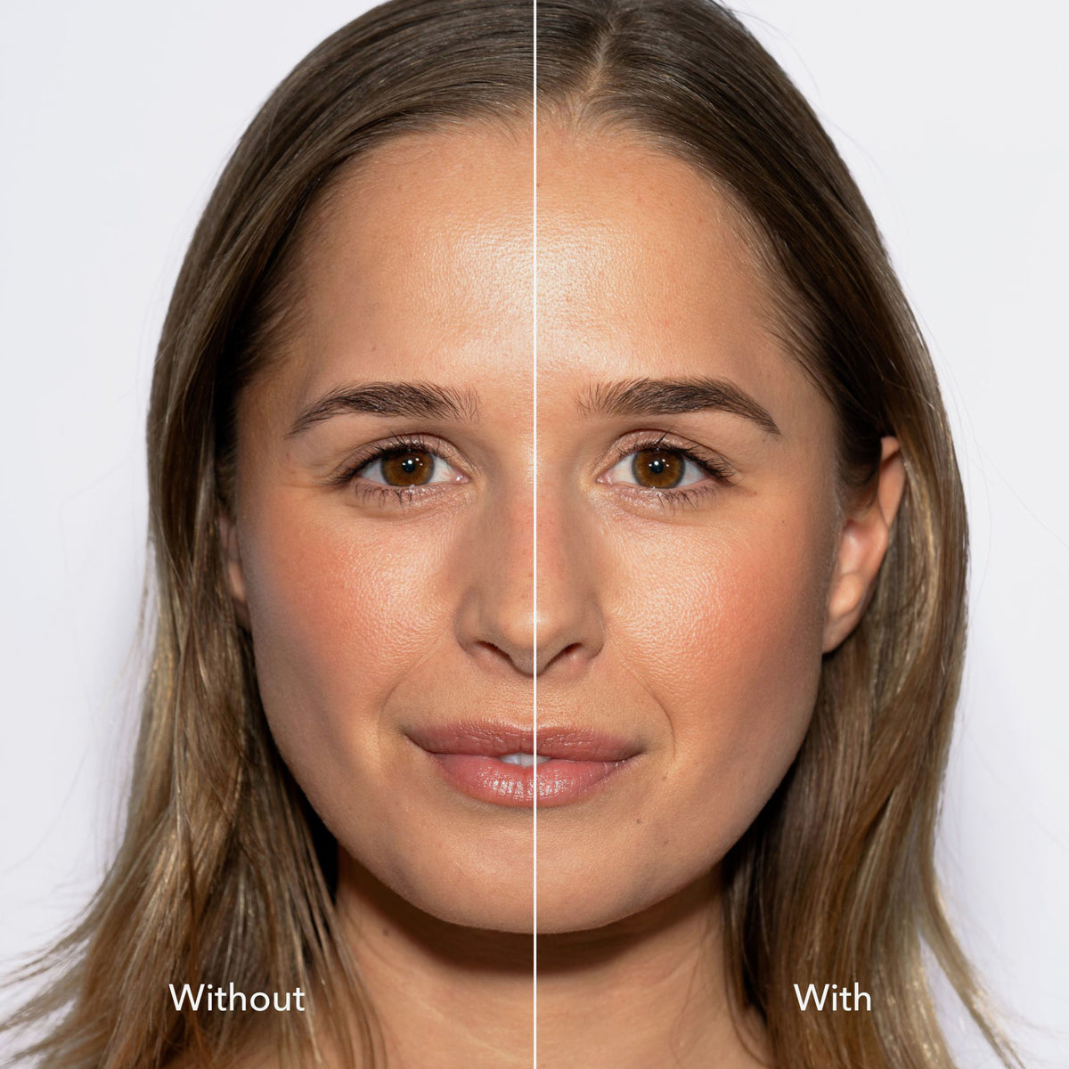 Geteiltes Bild einer Frau: links ohne, rechts mit Make-up und definierten Augenbrauen, kreiert mit dem Infinity Brow Pen Medium Brown.