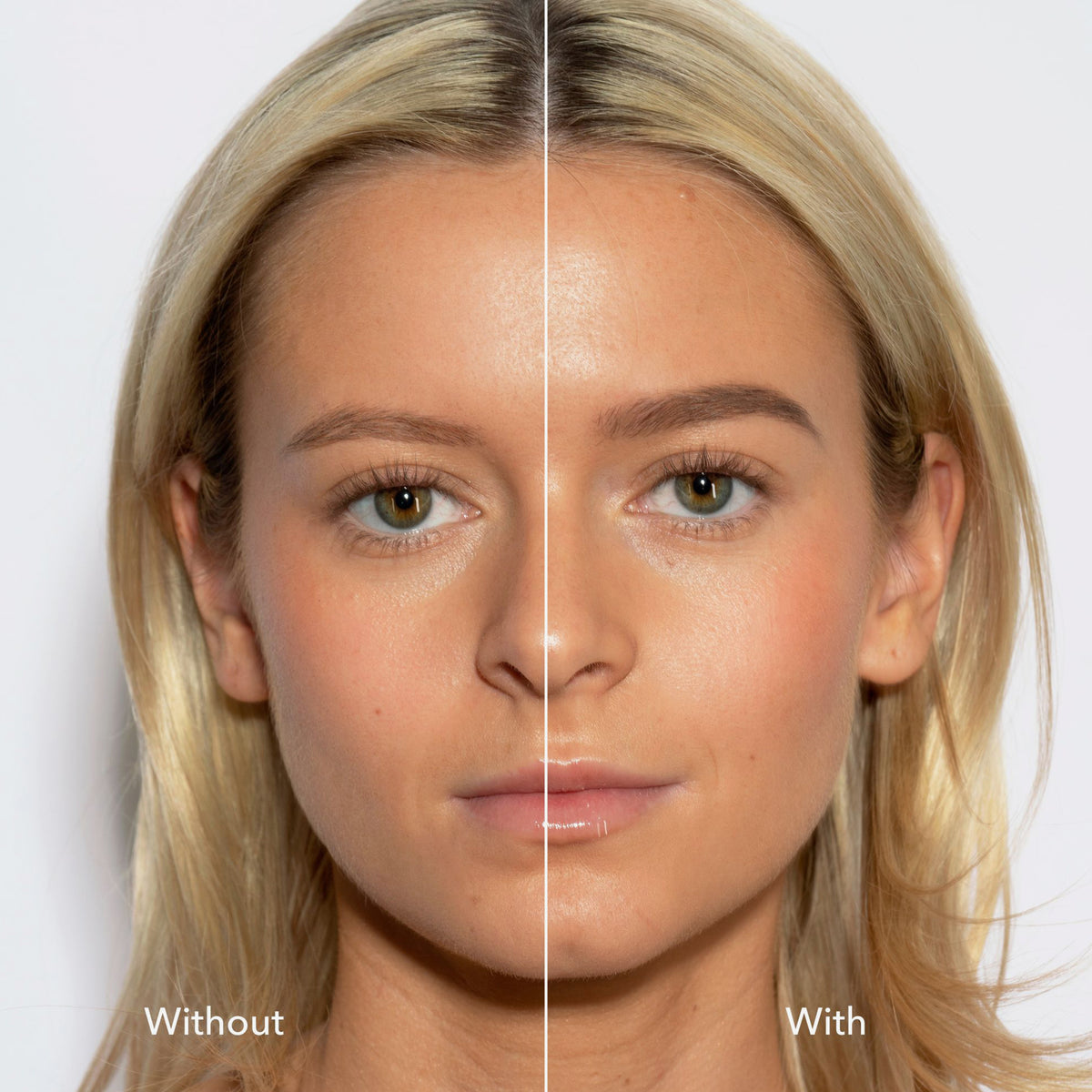 Geteiltes Bild einer Frau: links ohne, rechts mit Make-up und definierten Augenbrauen, kreiert mit dem Infinity Brow Pen Taupe.