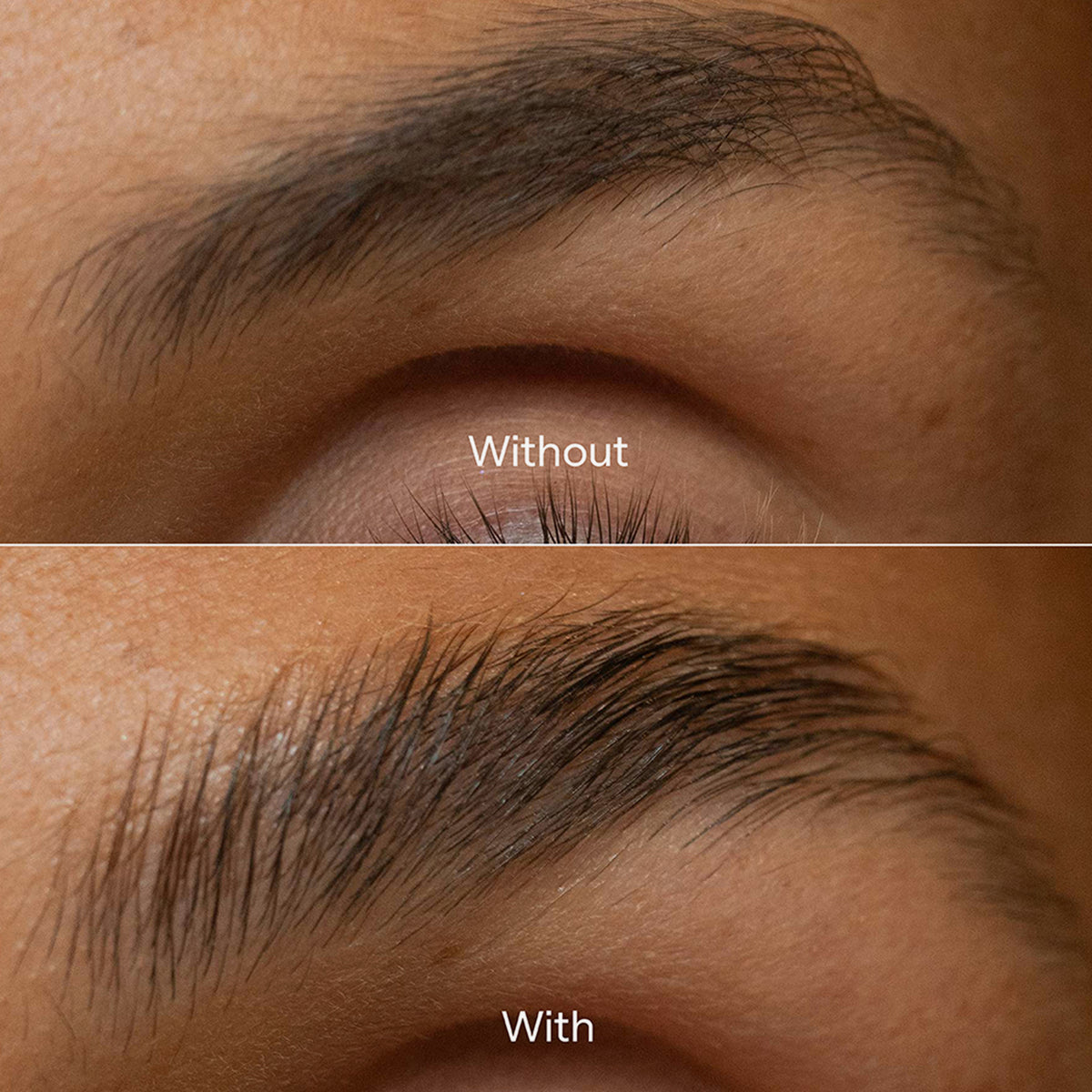 Nahaufnahme einer Augenbraue vor (oben) und nach (unten) dem Auftragen des The Brow Wax von LH Cosmetics; nachher definiert und geformt.