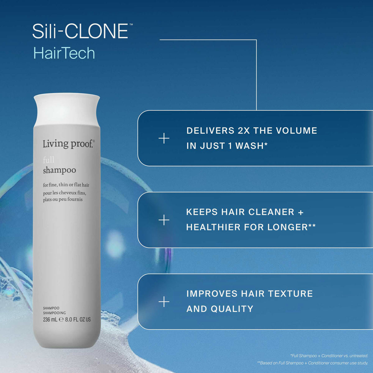 Living Proof Full Shampoo-Flasche mit hervorgehobenem Text: Gibt Volumen, hält das Haar länger sauber und verbessert die Textur.