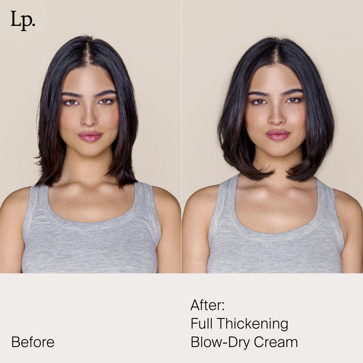 Frau mit schulterlangem schwarzem Haar vor und nach der Verwendung der Living Proof Full Thickening Blow-Dry Cream; das Haar sieht merklich voller aus.