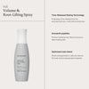 Graue Flasche Living Proof Full Volume & Root-Lifting Spray; daneben Vorteile der enthaltenen Inhaltsstoffe.