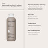 Eine Flasche Living Proof No Frizz Smooth Styling Cream, mit den wichtigsten Inhaltsstoffen und Vorteilen auf der rechten Seite.