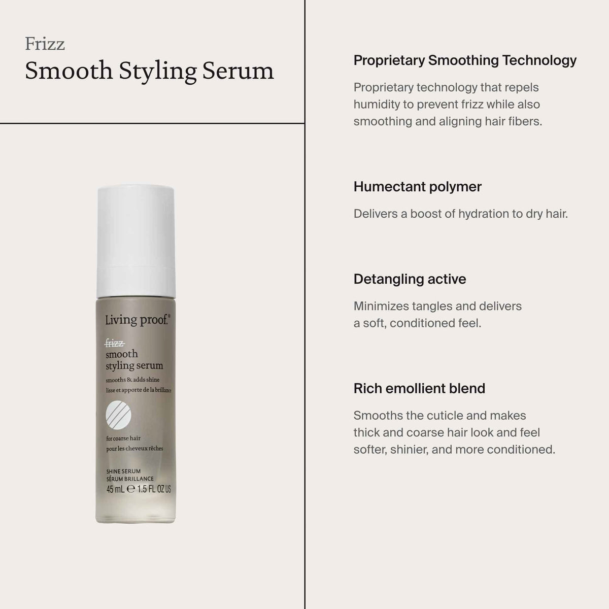 Eine Flasche Living Proof No Frizz Smooth Styling Serum neben Vorteilen der enthaltenen Inhaltsstoffe.